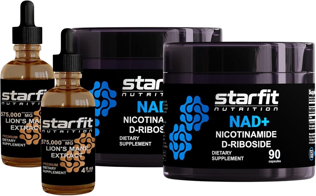 STARFIT - Nicotinamide D-Riboside, 180 Capsules & Lion's Mane 575,000 Mg Extract, 8 Fl Oz