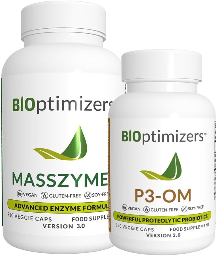 BiOptimiseurs - P3-OM et groupe MassZymes - Enzymes et probiotiques digestifs Premium pour les femmes et les hommes - Formulés par le médecin (250 capsules MassZymes, 120 capsules P3-OM)