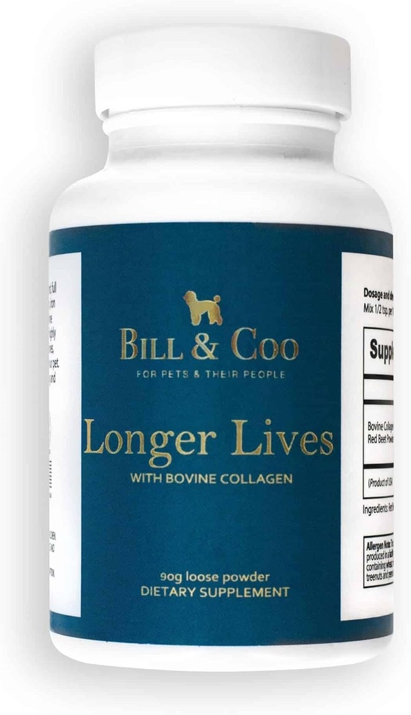 BILL & COO Vive plus longtemps Supplément fibreux avec des peptides de collagène bovine et poudre de betteraves pour chiens - favorise le soutien digestif, le coeur et le foie - Supplément de articulations de chiens Formule - 90g