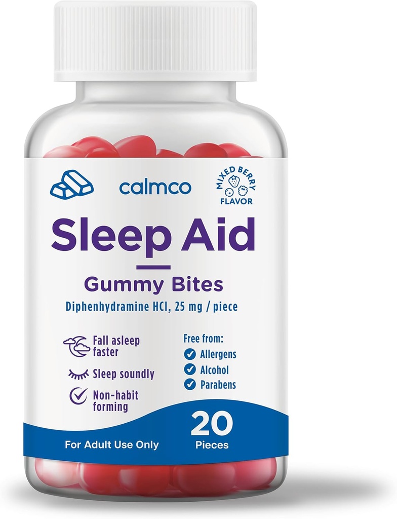 Aide au sommeil pour adultes CalmCo Gummy Bites - Non-Habit formant un soutien au sommeil avec 25mg de diphenhydramine, Aide au sommeil de nuit facile à manger Gummies, favorise un meilleur sommeil, et l'automne Asleep Faster, 20 comte