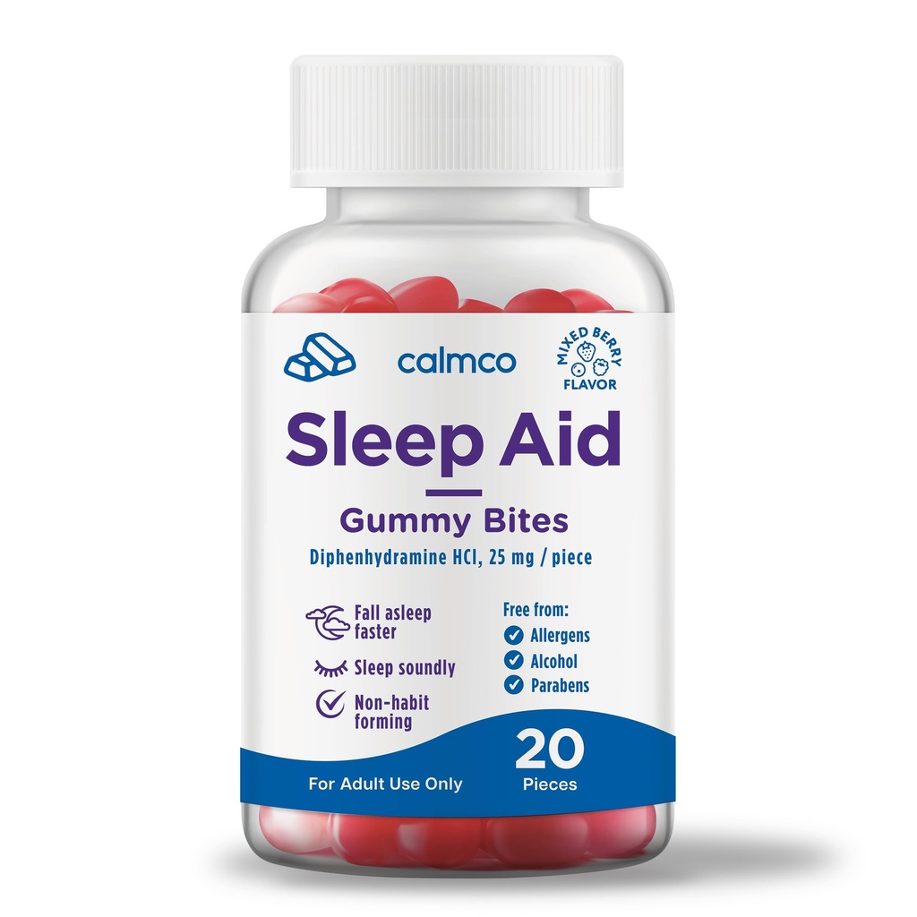 Aide au sommeil pour adultes CalmCo Gummy Bites - Non-Habit formant un soutien au sommeil avec 25mg de diphenhydramine, Aide au sommeil de nuit facile à manger Gummies, favorise un meilleur sommeil, et l'automne Asleep Faster, 20 comte