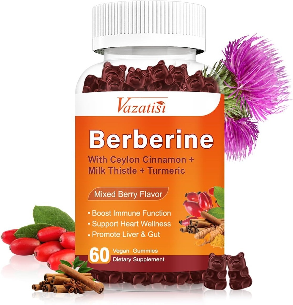 1500mg Gummées berbères, supplément berbère de haute puissance avec Gummées Ceylan Cinnamon, Turcuma, Magnésium, Sans sucre, Non-OGM, Sans gluten - Mélange d'arôme de baie 60 Gummées