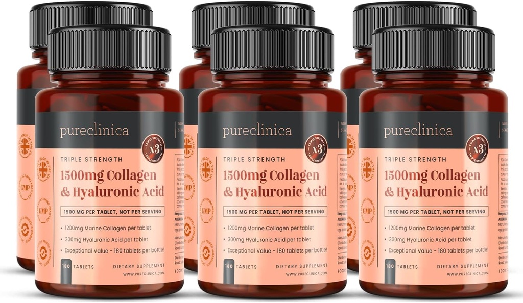 1500mg x 1080 comprimés. 1200mg de collagène UltraColl et 300mg d'acide hyaluronique par comprimé. (6 bouteilles de 180 comprimés chacun - 18 mois d'approvisionnement)
