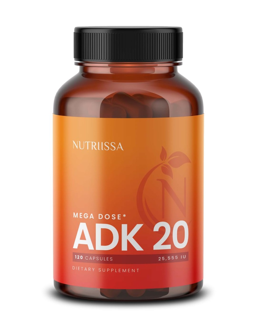 Nutriissa ADK 20 - Immune & Bone Health Support with Vitamines A, D & K (25 000 UI) - 4 mois d'approvisionnement - EPEB certifié pour la pureté et la puissance - 120 capsules végétaliennes