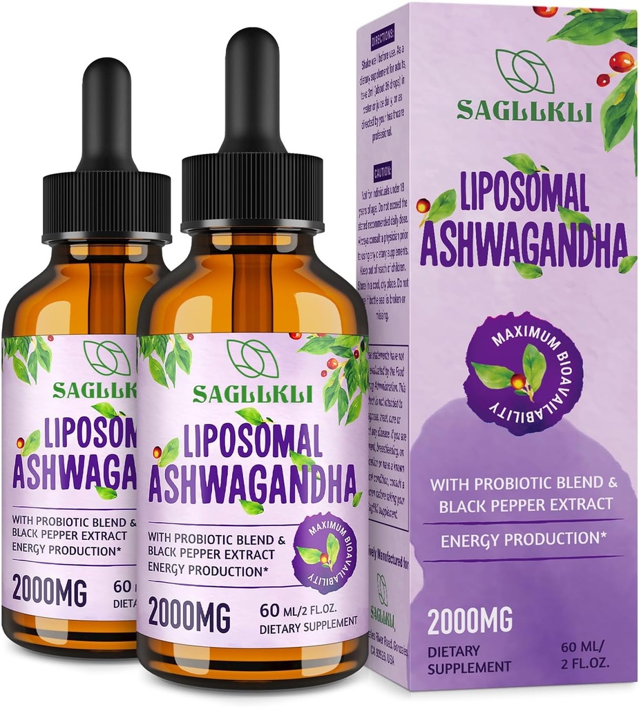 Liposomique Ashwagandha gouttes liquides 2000mg, supplément d'extrait de racine Ashwagandha (7% Withanolides) avec extrait de poivre noir et probiotiques pour focus, cognition et énergie - 4 FL.OZ (2 bouteille)