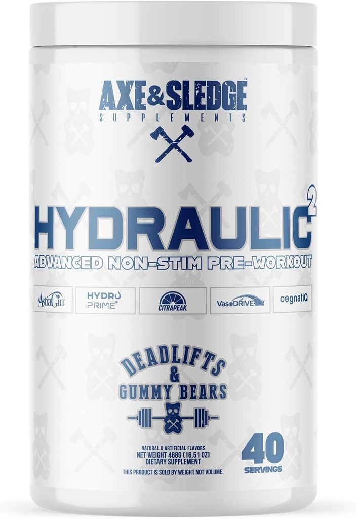 Axe & Sledge Hydraulic Stim-Free Poudre de pré-entraînement pour les hommes et les femmes. Performance, Étamine, Focus, Pompes.L-Citrulline, Beta Alanine, Créatine, Sans caféine, Deadlifts & Gummy Bears