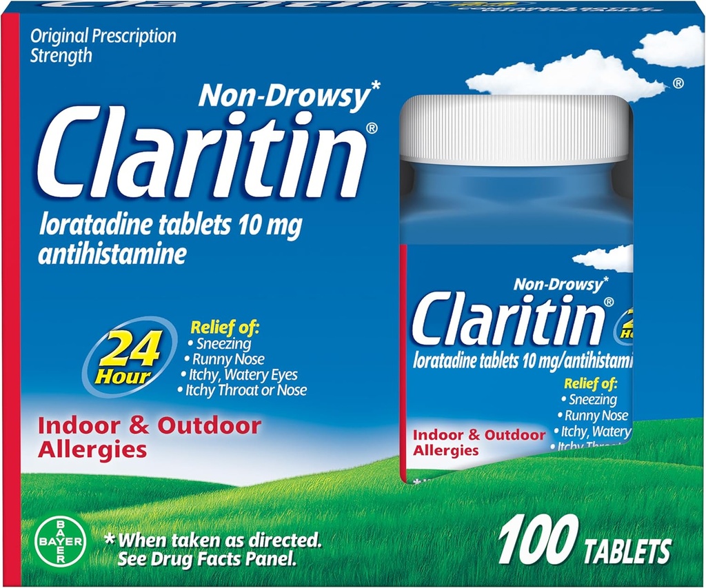 Claritin Allergie Médicament pour adultes, Loratadine non somnolente 24 heures sur 24 10mg Pilules, Antihistamine, 100 comprimés