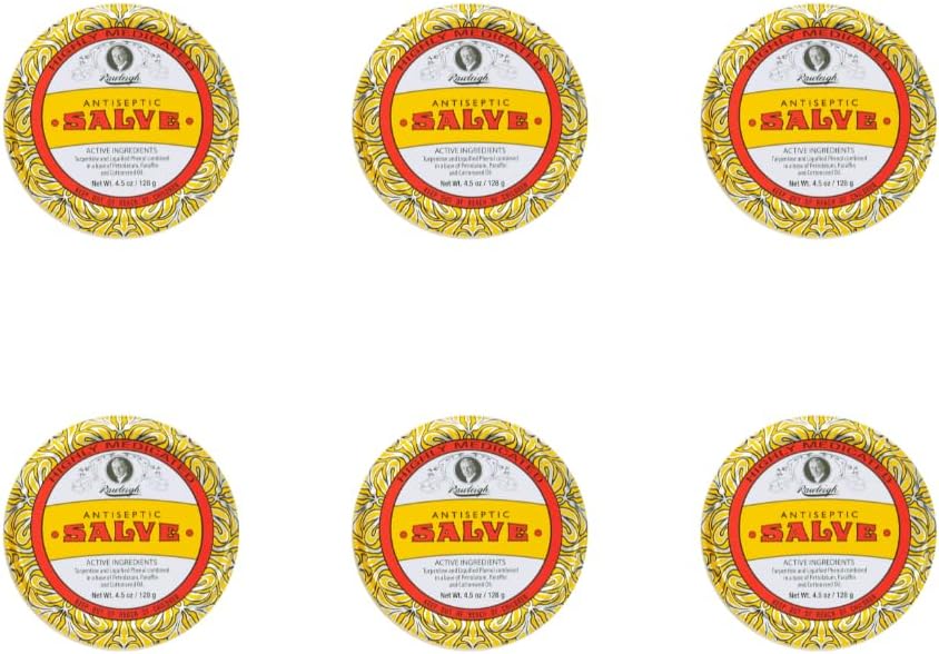 Rawleigh Antiseptic Salve Iconic Yellow Big Tin: 4,5 oz, onguents multiples apaisants Coupes, Bruises, Irritations, avec la Turpentine, Phénol, Huile de Coton et Paraffine, Formule originale - Paquet de 6