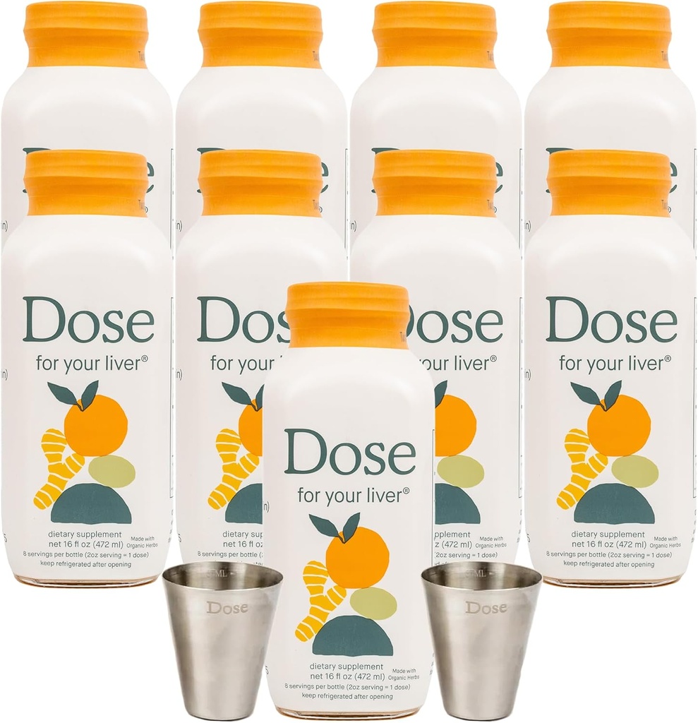 DOSE pour votre supplément de soutien du foie Shot , non OGM, végétalien, sans gluten, casher Pareve , 16oz (9 bouteilles) et 2oz verre de shot (2 verres)