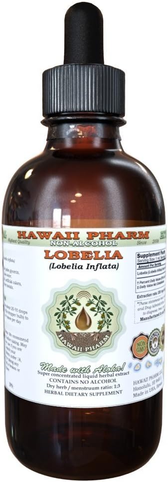 Lobelia Extrait liquide sans alcool, Lobelia biologique (Lobelia Inflata) Herbe séchée Glycérite Hawaii Pharm supplément naturel à base de plantes 4 oz
