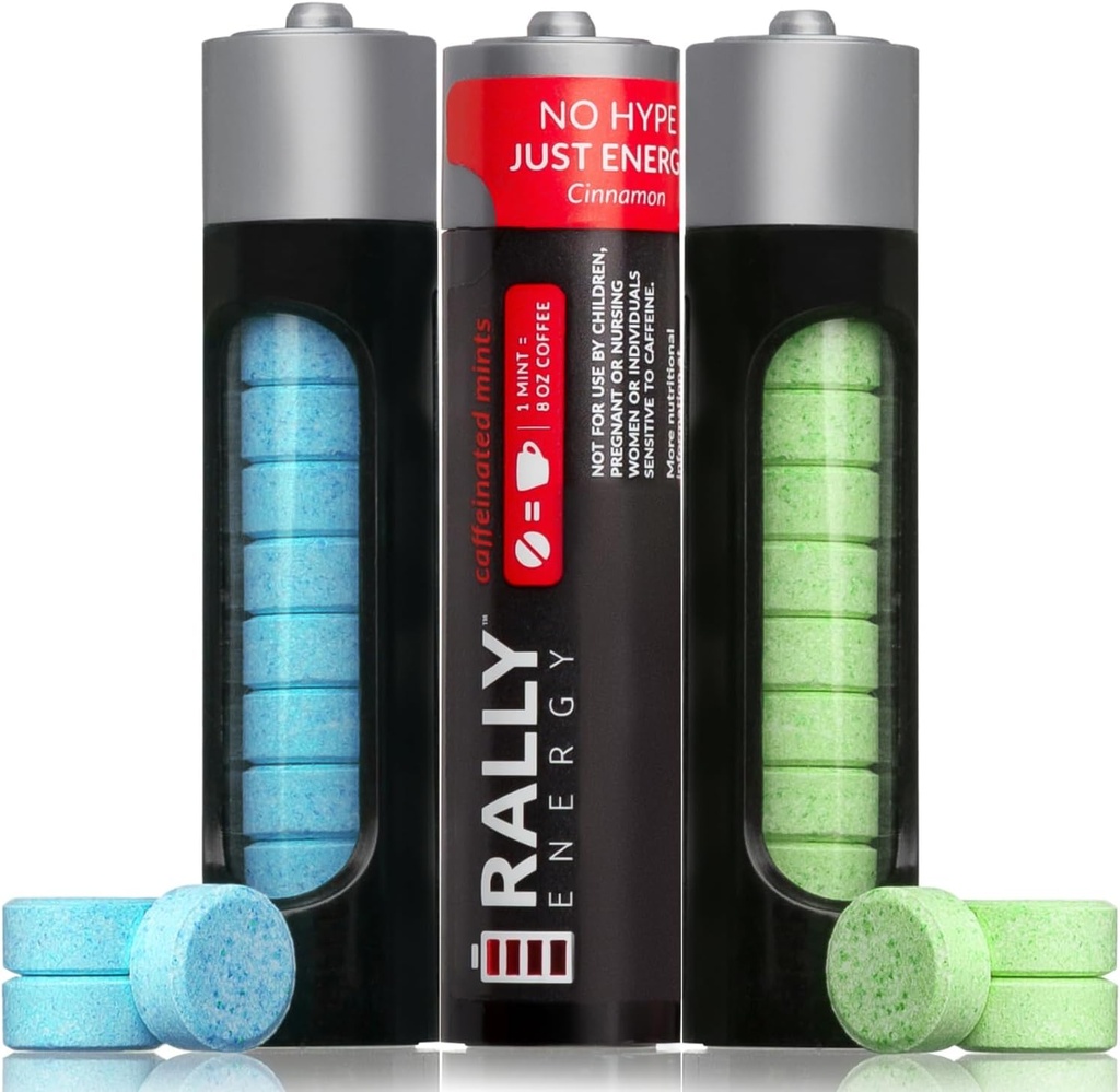 Rally Caffeine Menthes, 60 Milligrammes, Énergie instantanée, Respiration fraîche, Caféine, 0 Sucre, Menthe de poivre naturel, Cannelle, Hiver vert Variété Pack (3 Packs, 30 Menthes)
