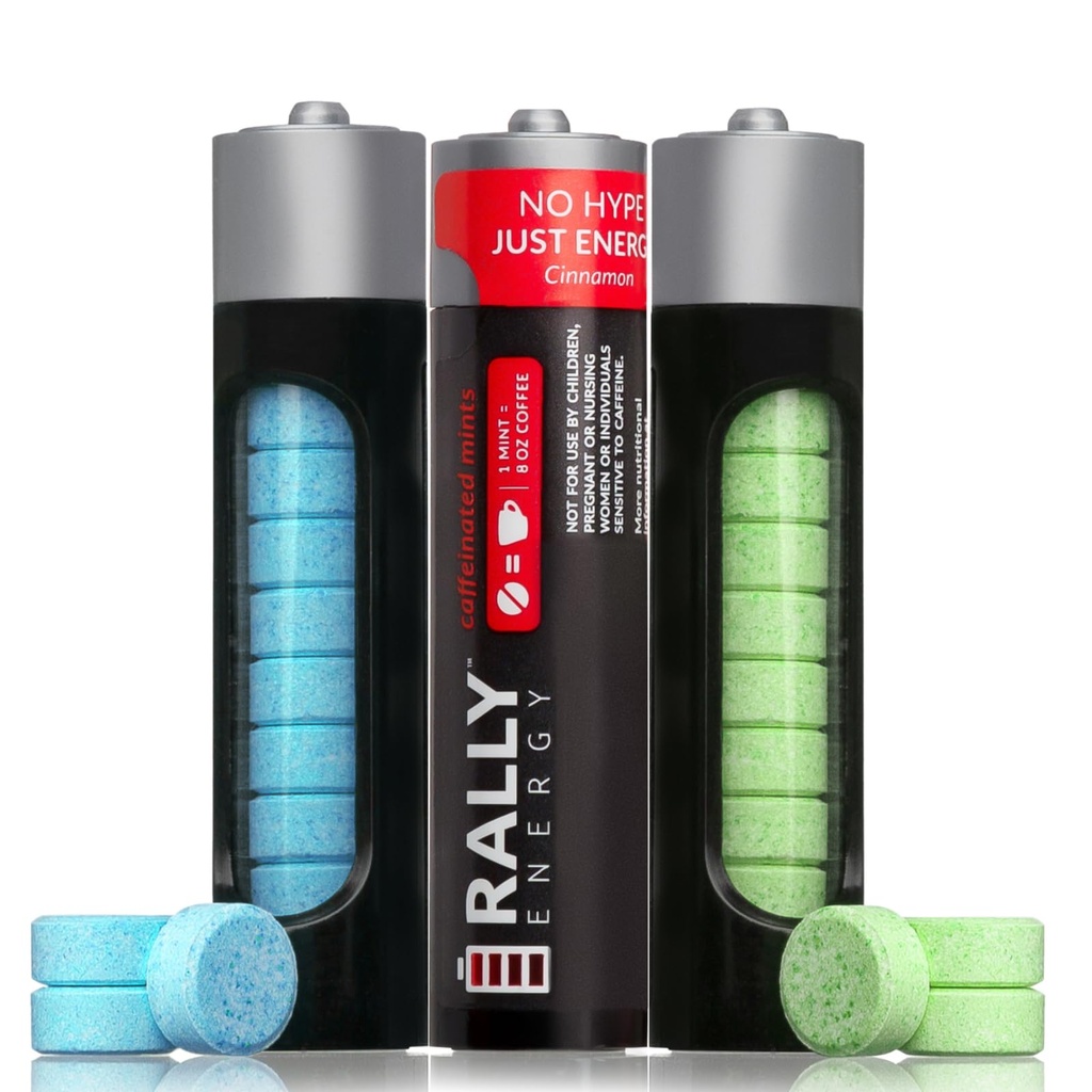 Rally Caffeine Menthes, 60 Milligrammes, Énergie instantanée, Respiration fraîche, Caféine, 0 Sucre, Menthe de poivre naturel, Cannelle, Hiver vert Variété Pack (3 Packs, 30 Menthes)