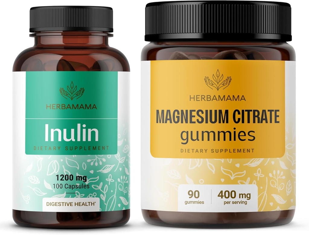 HERBAMAMA Kit Inuline et Magnésium - Ensemble de 1 200 mg Capsules de fibre d'inuline et 400 mg Gummées de citrate de magnésium - Vegan, non-OGM, sans gélatine - 2 boîtes