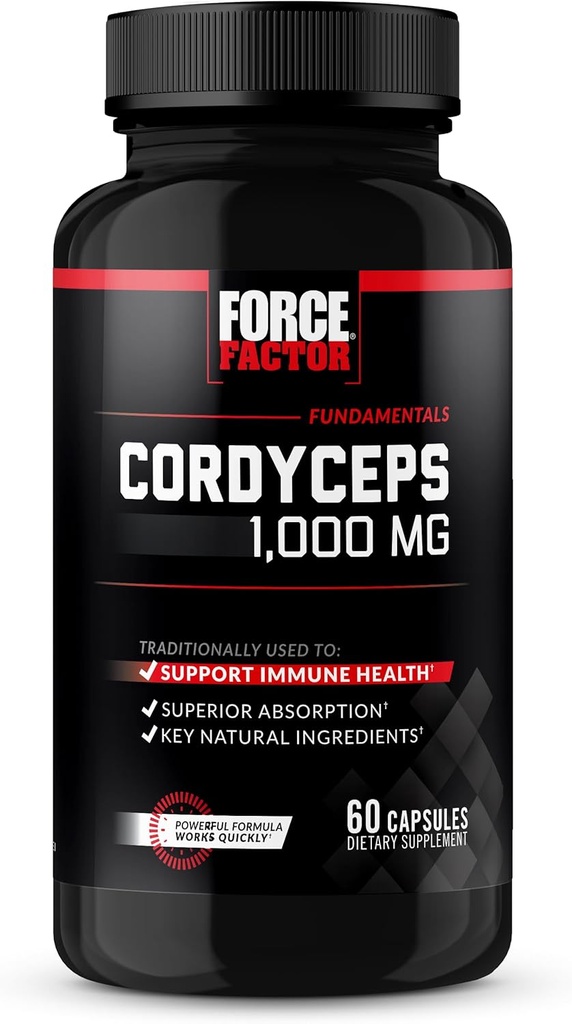 FORCE FACTOR Cordyceps Capsules avec 1000mg d'extrait de champignon Cordyceps Sinensis, traditionnellement utilisé pour améliorer la vitalité, avec BioPerine pour l'absorption rapide, ingrédients naturels clés, 60 capsules