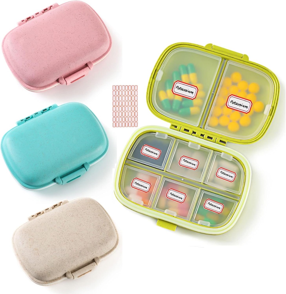 Organisateur 4 paquets de pilules de voyage, 8 compartiments Petite boîte à pilules, Portable Daily Pill Case pour la médecine, Vitamine, entreposage de suppléments, Compact Pill Container for Pocket, Purse, Voyage, Bureau, Usage domestique