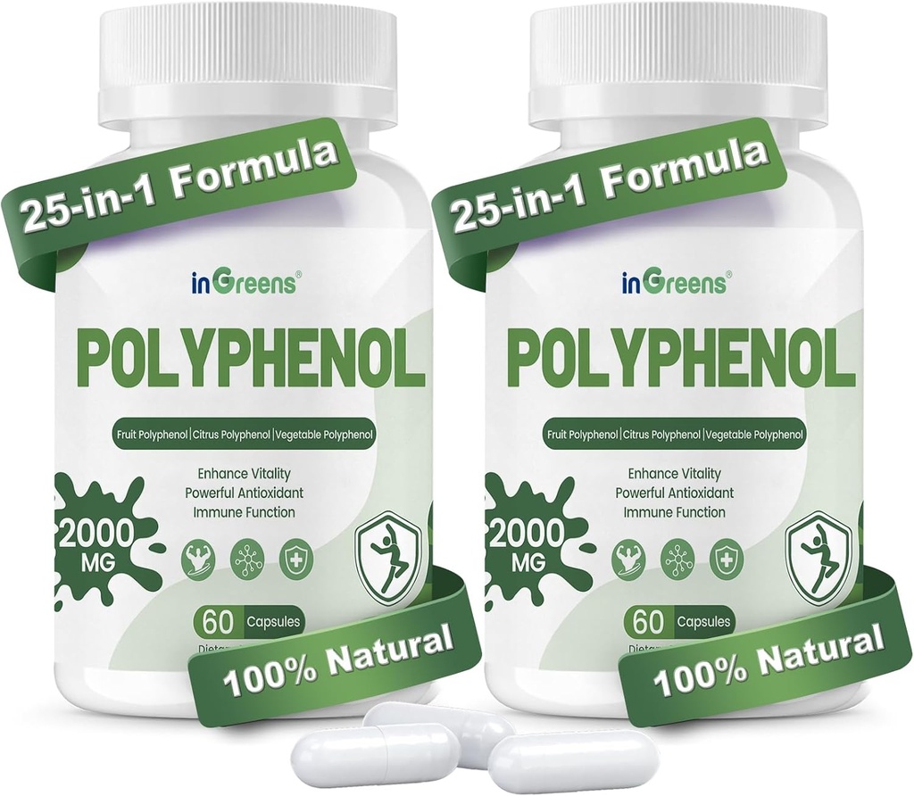 Supplément de polyphénols 25 en 1, 2000MG Antioxydants puissants et polyphénol pour la défense de l'âge, Polyphénol Superfood, Quercetin, Resvératrol, Plant-Based & Energy, Immune Support, 120 Capsules