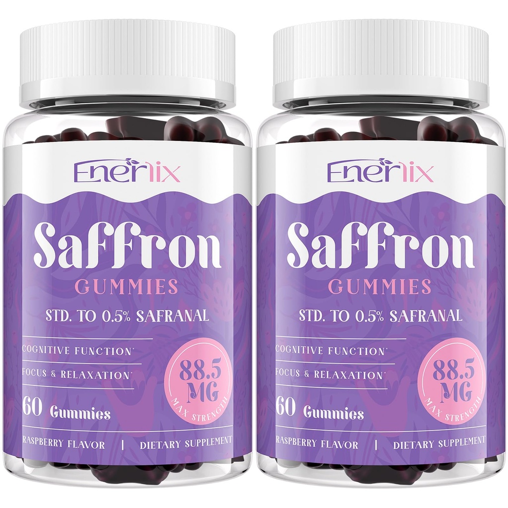 Gommies de safran 88,5 mg avec Magnésium, Suppléments de safran Max Strength avec millepertuis, GABA, Rhodiola, romarin et extraits de fleurs de passion pour l'humeur, Focus - 120 portions