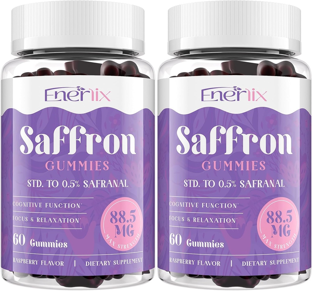Gommies de safran 88,5 mg avec Magnésium, Suppléments de safran Max Strength avec millepertuis, GABA, Rhodiola, romarin et extraits de fleurs de passion pour l'humeur, Focus - 120 portions