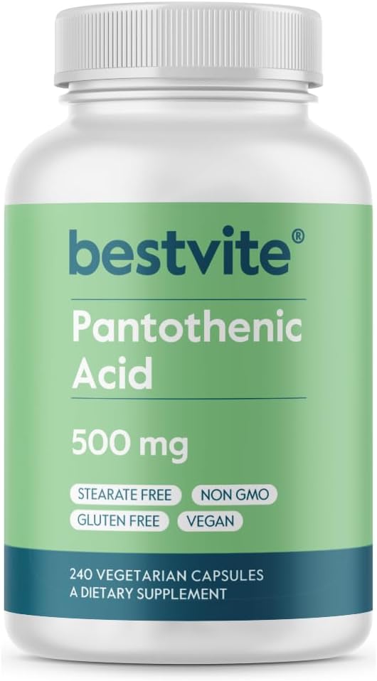 BESTVITE Acide pantothénique 500mg (vitamine B5)(240 Capsules végétariennes) - Pas de stéarate - Pas de gélatine - Pas de silicate de calcium - Vegan - Non OGM - Sans gluten