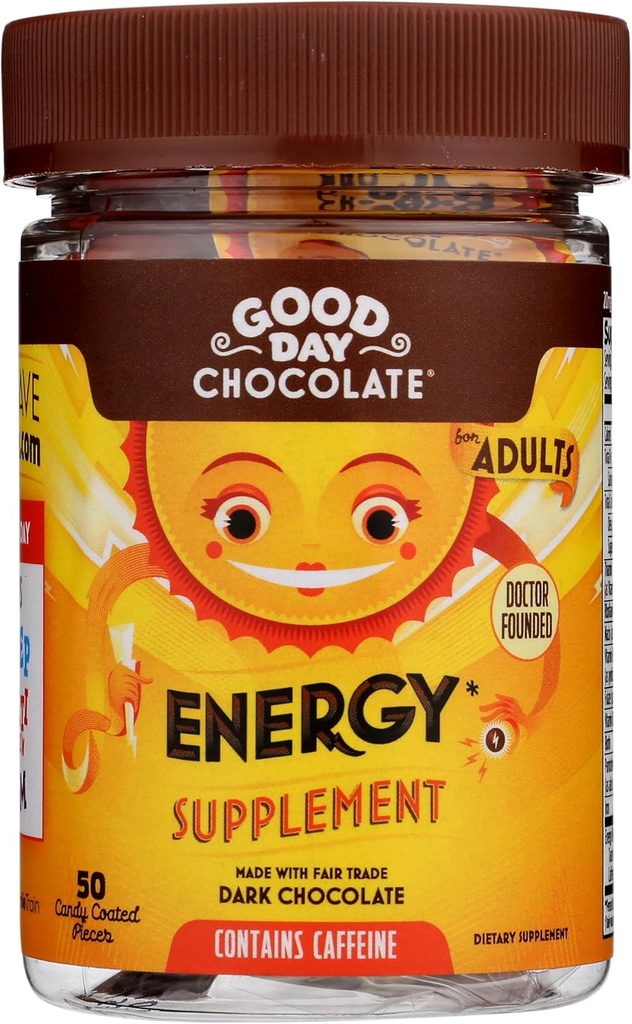 Bon Jour Chocolat Suppléments d'énergie pour les adultes [50 Compte] Chocolat caféine équitable avec B-Vitamines, Extraits de thé vert et 20 mg de caféine par pièce - Energy Booster pour les femmes et les hommes