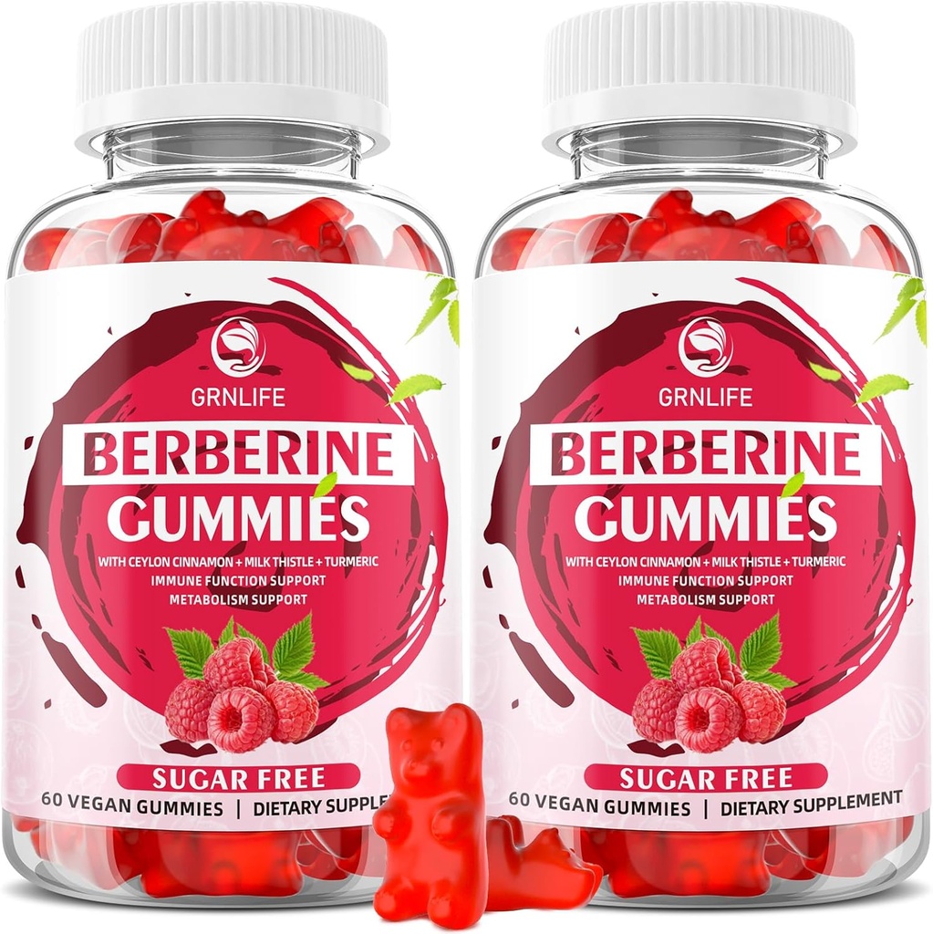Gommies berbères avec Ceylan Cinnamon 1500mg supplément de haute puissance Berberine HCL pour l'immuno et le métabolisme, sans sucre, framboise parfum - 120 comte