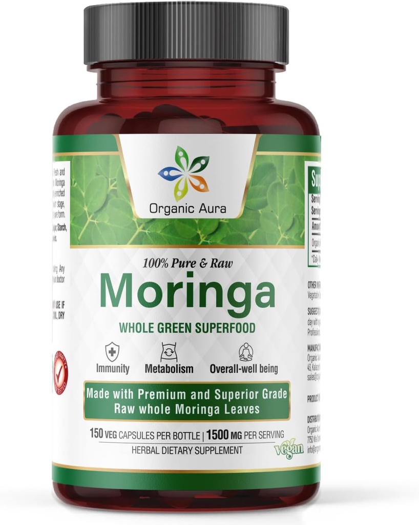 Organic Aura Moringa Leaf Capsules: 1500mg - 150 HPMC Veg.Les feuilles entières Green Super Food Nutrition.