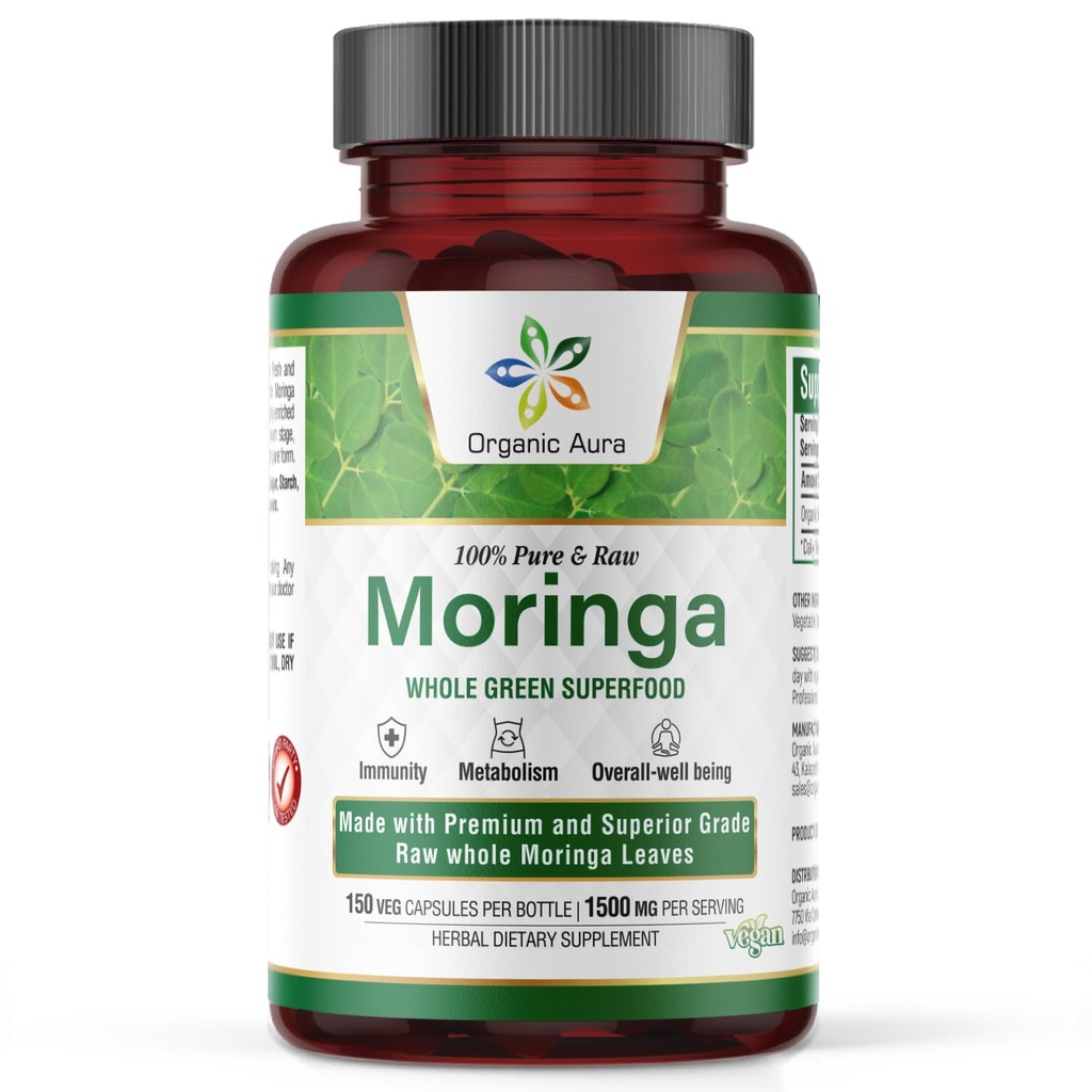 Organic Aura Moringa Leaf Capsules: 1500mg - 150 HPMC Veg.Les feuilles entières Green Super Food Nutrition.