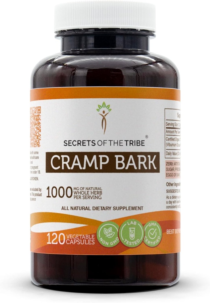 Secrets de la Tribe Cramp Bark 120 Capsules, 1000 mg, Cramp Bark (Viburnum Opulus) Barque séchée (120 Capsules)