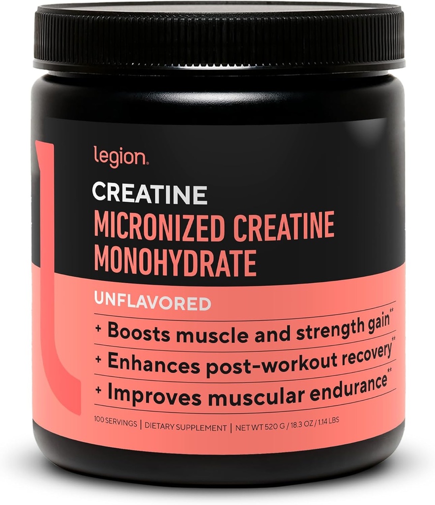 LÉGION Supplément monohydraté en créatine micronisé - Poudre propre en créatine pour le gain musculaire et la récupération après entraînement - Supplément en créatine micronisé pour absorption maximale (100 portions, non aromatisées)