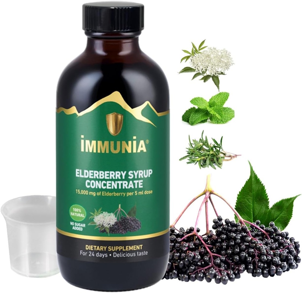 Immunia Elderberry Syrup Helps Strengthen The Immune System. Elderberry Concentrate with Elderflower, Thyme and Peppermint. No Sugar Added. Delicious Taste. 24 Days/Bottle. (1-Pack)