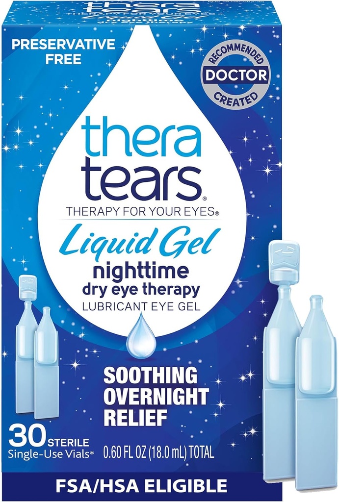 TheraTears Gel liquide gouttes lubrifiantes pour yeux secs, flacons à usage unique, 30 Compte