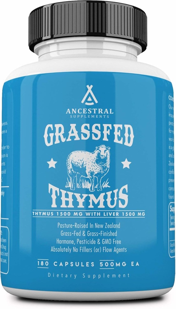 Suppléments ancestraux Extrait glandulaire Thymus, 3000mg, Histamine, Énergie, Allergie et Supplément de soutien immunitaire avec foie de boeuf herbeux, non OGM, 180 capsules