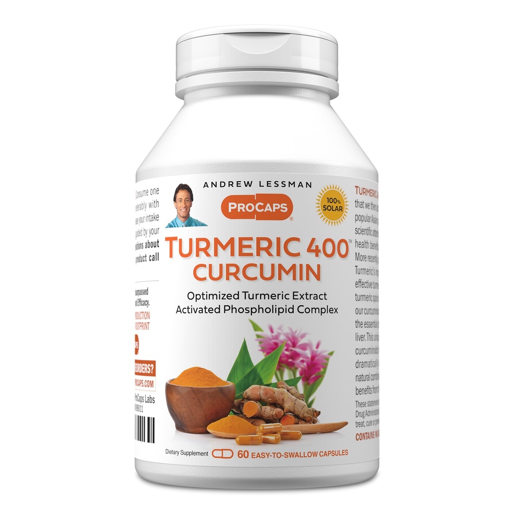 ANDREW LESSMAN Turmeric 400mg - 60 Capsules - 95% Curcuminoides comme Complexe Phospholipide pour les avantages optimums et l'absorption, Extrait standardisé haute puissance, Petites Capsules faciles à avaler