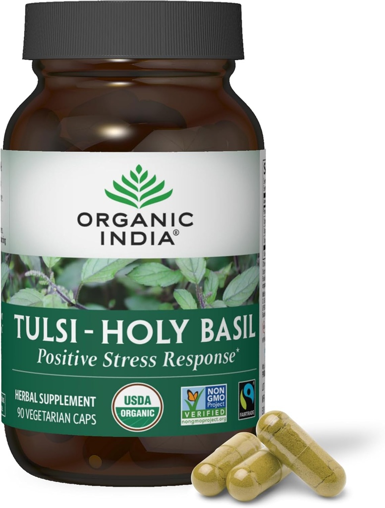 INDE ORGANIQUE Tulsi Capsules de Basilic Saint - Extrait de Basilic Saint - Supplément de Feuille de Basilic Saint, Supplément à base de plantes, Soutien immunitaire, Soulagement du stress, Vegan, Sans gluten, Casher, Organique, Non-OGM - 90 Capsules