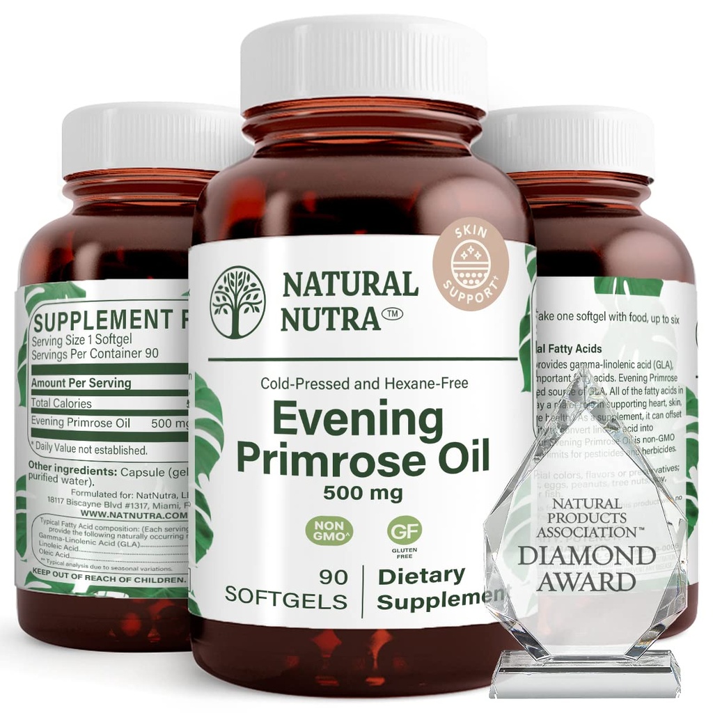 Natural Nutra Evening Primrose Oil Supplement from Fatty Acid, Nerve Health, Helps Reduce Skin Blemishes, Balance Body Secretions, Promote Heart Health, Skin Clarity, 500 mg, 90 Softgels