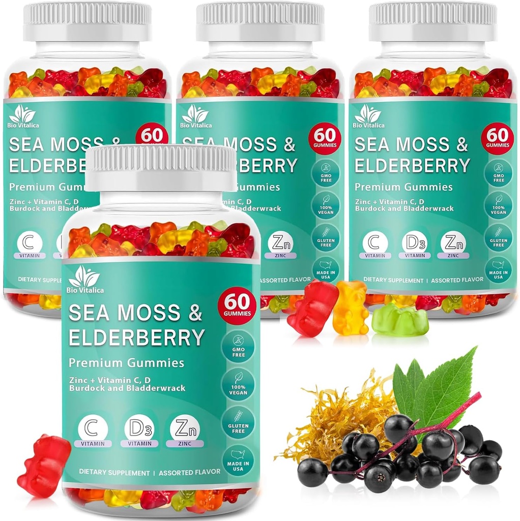 BIO VITALICA Sea Moss Gummies Elderberry BioVitalica - Vitamin C D + Zinc - Irish Seamoss Vegan Gummy with Sea Moss Gel & Powder for Immunity, Detox - for Adults and Kids (4Packs)