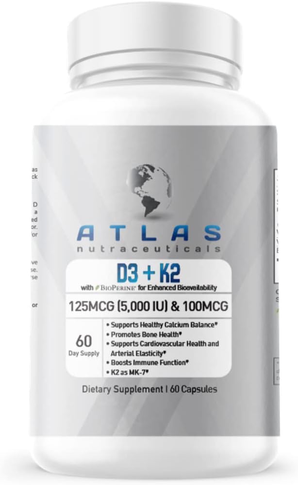 Atlas Nutraceuticals-Vitamine D3+K2- Vitamine D3 5000IU Plus K2, 2 en 1 Formule, MK7 Vitamine K2, 60 Capsules, Complexe Vitamine Imune