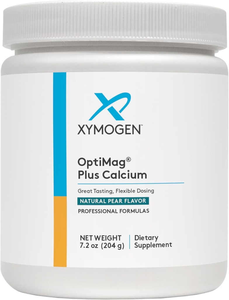 XYMOGEN OptiMag Plus Calcium - Poudre de magnésium avec du calcium pour soutenir les comportements calmes, l'humeur saine, les os sains + la fonction musculaire - Arôme de poire, avec le malate de magnésium (7,2 oz)
