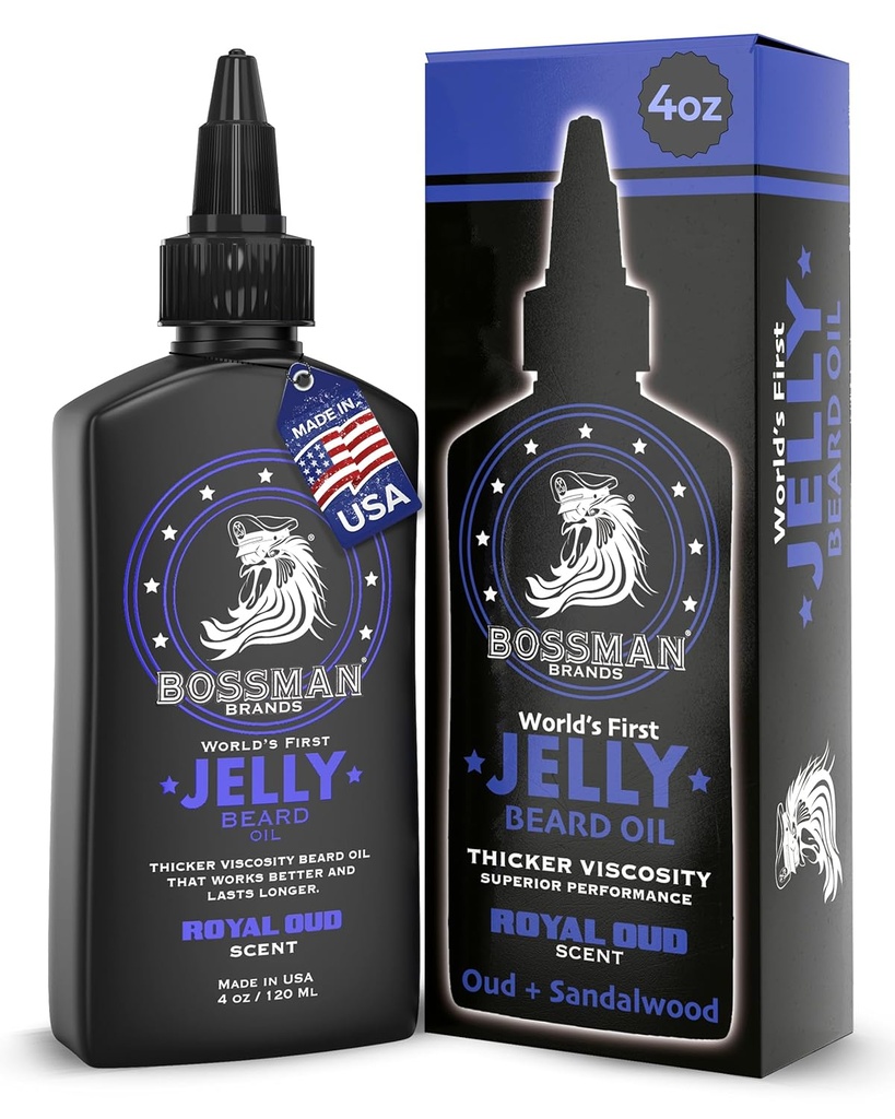 Bossman Jelly Beard Oil for Men (4 oz, Royal Oud Scent) – Adoucit, hydrate et conditions avec des ingrédients naturels
