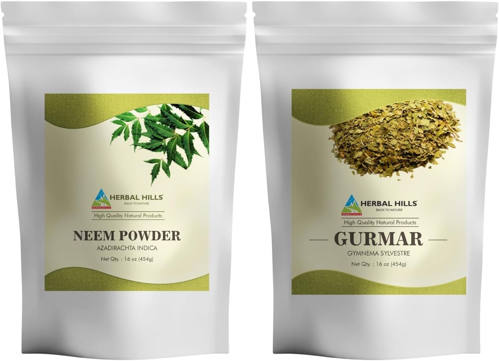 HERBAL HILLS Neem Leaf Powder and Gurmar Powder Gymnema Sylvestre Pack de 2 Combo