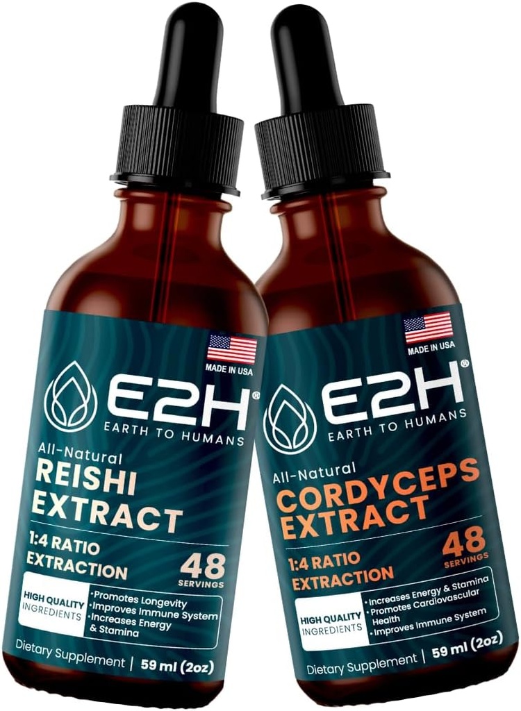 E2H: Extraits de Reishi & Cordyceps - Énergie, Longévité, Énergie, Stamine et Immunissance - Non-OGM, Vegan - 2 Fl Oz Chacun (4 Fl Oz Total) - Ensemble