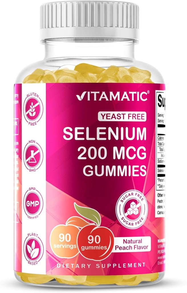 Gommies de sélénium libres de levures vitamatiques 200mcg en supplément de sélénométhionine Trace Mineral essentiel avec absorption supérieure 90 Gommies à base de pectines