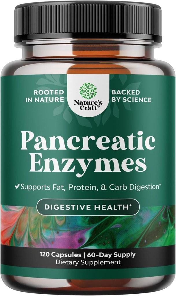 Natures Craft Pancreatin Enzymes digestifs pour la santé digestive - Enzymes pancréatiques pour les humains avec des glucides gras et des protéines femmes et hommes - Protease Amylase & Lipase Digestion -120ct