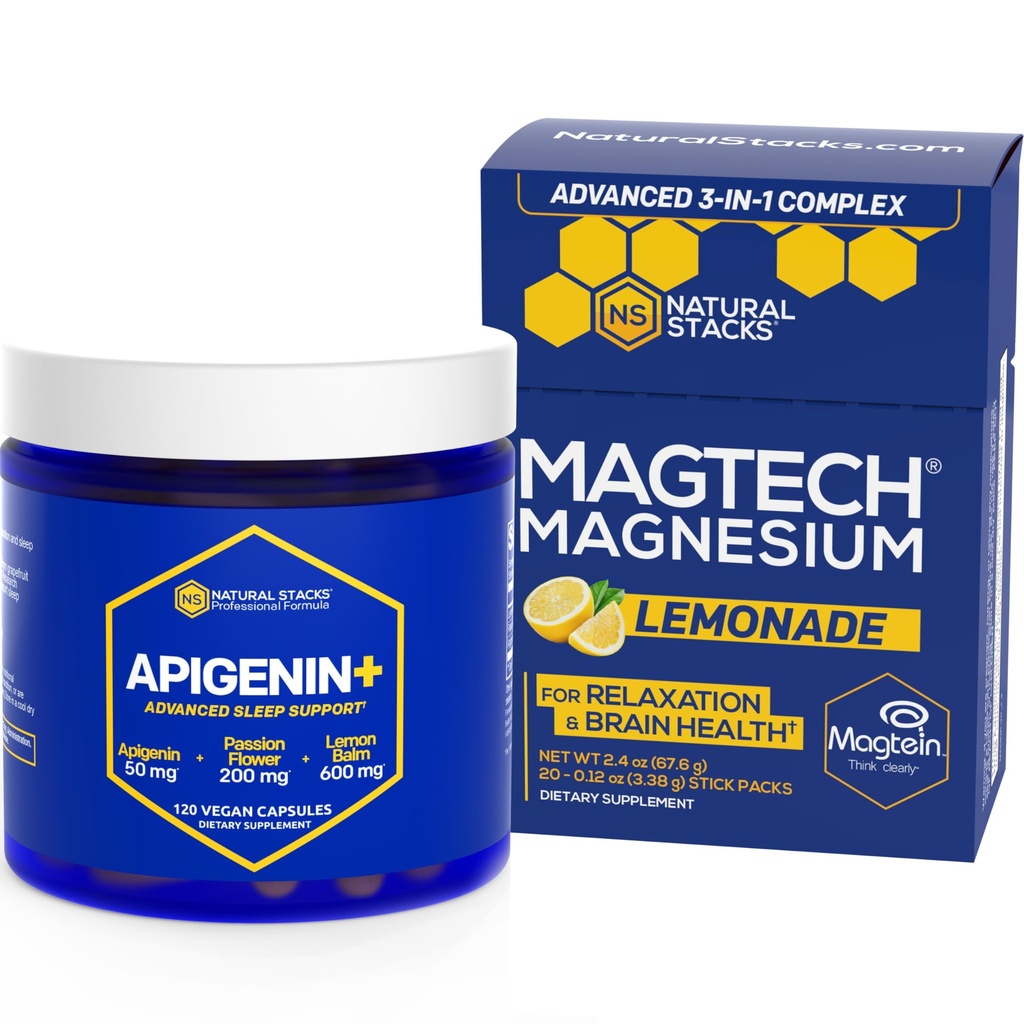 NATURAL STACKS Magtech Magnesium Drink Mix + APIGENIN+ Supplement Bundle - Supports Relaxation, Brain Health & Sleep* - 80 Servings