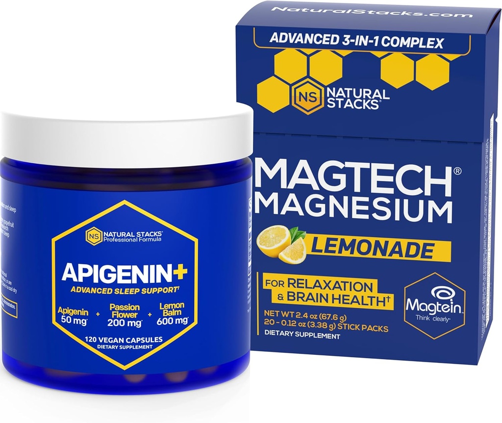 STACKS NATURELS Magtech Magnesium Drink Mix + APIGENIN+ Supplément Bundle - Soutient la relaxation, la santé cérébrale et le sommeil* - 80 portions
