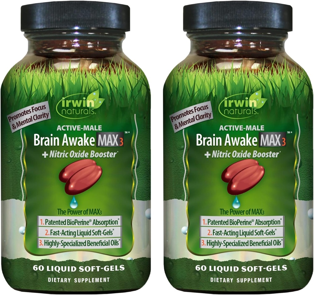 Irwin Naturals Cerveau Réveillez-vous Max3 + Booster à oxyde nitrique - 60 liquides soft-gels, pack de 2 - Soutenir la santé cérébrale et optimiser les performances - 40 Total des services