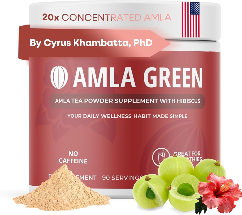 Amla Powder & Green Tea Superfood Supplément avec Hibiscus, 20x Ultra Concentré Amla, Support Antioxydant, Fabriqué avec Oolong Tea et Gooseberries indiennes, Organique, Vegan, Hibiscus, 90 portions