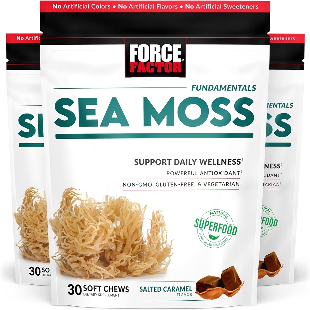 FACTEUR DE FORCE Mousse de mer Soft Chews, soutien Immunity, Digestion, et santé cardiaque, Irish Sea Moss Superfood & Antioxydants Supplément, Non-OGM, sans gluten, caramel salé, 90 Chews doux, 3-Pack