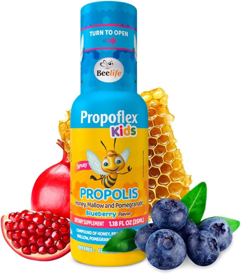Extrait de propolis d'abeilles, spray de gorge de propolis pour les enfants – Propolis, miel, mauve, grenade - Soutien naturel immunitaire et soulagement de la gorge, sans sucre - Blueberry Flavor - (35ml/ 1-Pack)