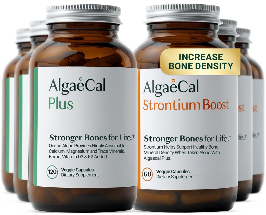 ALGAECAL - Pack de construction de os pour la densité des os, suppléments de calcium à base de plantes cliniquement pris en charge et strontium, vitamines K2, D3, magnésium et 16 minéraux, 3-Mois, fabriqués aux États-Unis